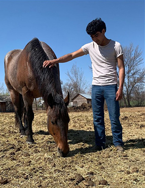 Julio next to a brown horse 
